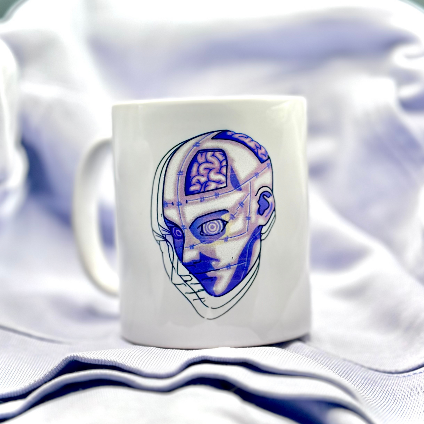 Mug blanc HEMPA avec logo lavande et noir - vue de face sur fond neutre